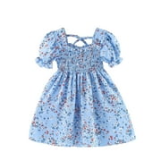 JSCDRPDWL Flower Girl Dress Toddler Girls Short Sleeve Beach Dresses Kids Floral Printed Princess Dress Clothes Toddler Girl Clothes Blue 4 Years